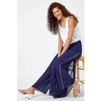 Roman Women's Diamante Side Split Chiffon Trousers in Navy | Size: 20