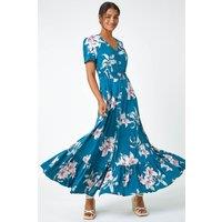 Roman Women's Floral Print Shirred Waist Maxi Dress in Teal | Size: 10