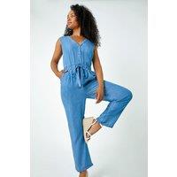 Roman Women's Petite Stretch Denim Pocket Jumpsuit in Blue | Size: 16