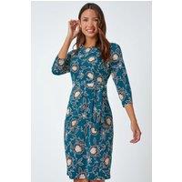 Roman Women's Floral Print Ruched Stretch Dress in Teal | Size: 20