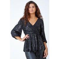 Roman Women's Embellished Sequin Stretch V-Neck Wrap Top in Black | Size: 10