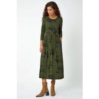 Roman Women's Floral Print Midi Stretch Dress in Khaki | Size: 12