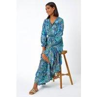 Roman Women's Paisley Print Tassel Frill Hem Maxi Dress in Blue | Size: 18