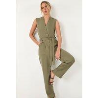 Roman Women's Petite Button Detail Pocket Jumpsuit in Khaki | Size: 18