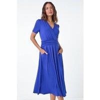 Roman Women's Gathered Wrap Stretch Midi Dress in Royal | Size: 20