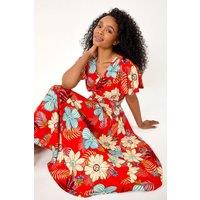Roman Women's Petite Floral Print Shirred Midi Dress in Red | Size: 14