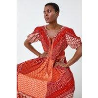 Roman Women's Stripe Border Print Crinkle Maxi Dress in Orange | Size: 12