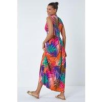 Roman Women's Tropical Gathered Stretch Wrap Maxi Dress in Pink | Size: 18