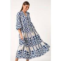 Roman Women's Aztec Print Tiered Midi Smock Dress in Navy | Size: 16