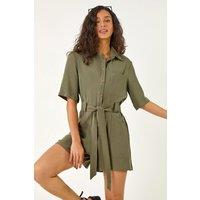 Dusk Women's Button Through Belted Pocket Playsuit in Khaki | Size: 16