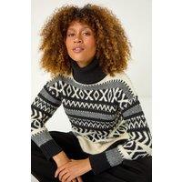 Roman Women's Roll Neck Cross Stitch Knit Jumper in Black | Size: 14