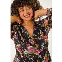 Roman Women's Curve Floral Print V-Neck Zip Front Top in Pink | Size: 22-24