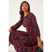 Roman Women's Floral A-Line Midi Dress in Red | Size: 16