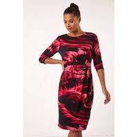 Roman Women's Side Ruched Brush Print Dress in Red | Size: 18