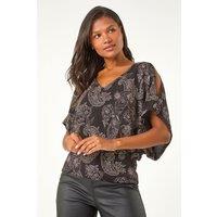 Roman Women's Glitter Print Banded Hem Stretch Top in Black | Size: 10