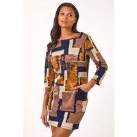 Roman Women's Geometric Print Pocket Shift Dress in Gold | Size: 18