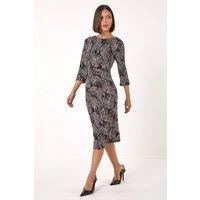 Roman Women's Abstract Print Ruched Stretch Dress in Dark Brown | Size: 18