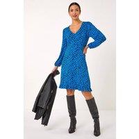 Roman Women's Abstract V-Neck Short Dress in Royal | Size: 18