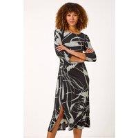 Roman Women's Abstract Side Ruched Midi Dress in Black | Size: 20