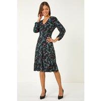 Roman Women's Floral Print Button Tea Stretch Dress in Black | Size: 18