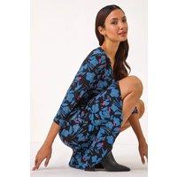 Roman Women's Floral Print V-Neck Ruched Dress in Blue | Size: 18