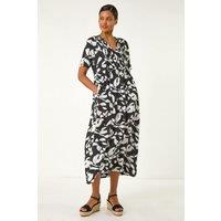 Roman Women's Abstract Print Tie Front Midi Dress in Black | Size: 12