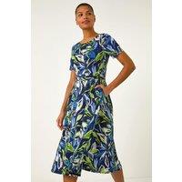 Roman Women's Leaf Print Gathered Midi Dress in Blue | Size: 10
