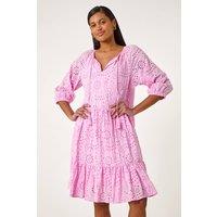 Roman Women's Cotton Broderie Tiered Smock Dress in Pink | Size: 16