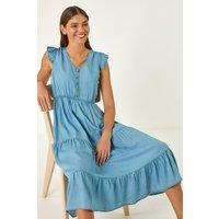 Roman Women's Tiered Frill Sleeve Midi Dress in Light Blue | Size: 18