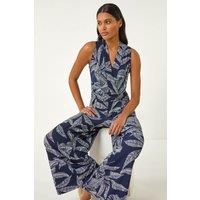 Roman Women's Leaf Puff Print Crossover Jumpsuit in Navy | Size: 20