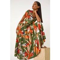 Roman Women's Leaf Print Tiered Maxi Dress in Khaki | Size: 10
