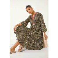 Roman Women's Geometric Tiered Midi Dress in Black | Size: 16