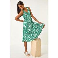 Roman Women's Leaf Print V-Neck Stretch Midi Dress in Green | Size: 20