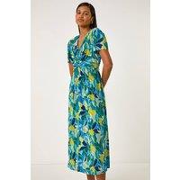 Roman Women's Floral Print Crossover Midi Dress in Blue | Size: 10