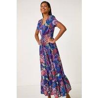 Roman Women's Rose Print Button Detail Maxi Dress in Royal | Size: 10