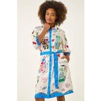 Roman Women's Motif Print Tie Waist Shirt Dress in Blue | Size: 18
