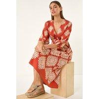 Roman Women's Geo Print V-Neck Midi Dress in Orange | Size: 10