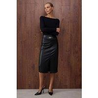 WOVCOR Women's Midi Faux Leather Pencil Skirt with Front Split & Belt Detail in Black | Size: Large