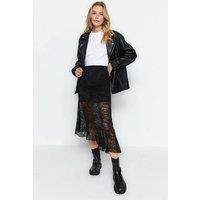 WOVCOR Women's Asymmetric Midi Lace Knit Skirt with Lined Design & Fluid Hem in Black | Size: XS