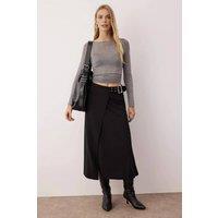 WOVCOR Women's Skater Style Crepe Knit Midi Skirt with Stretch Fit & Belt Detail in Black | Size: Small