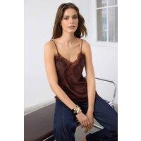 WOVCOR Women's Asymmetric Satin Blouse with Lace Panel Detail & Delicate Straps in Brown | Size: 8