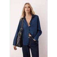 WOVCOR Women's Satin Epaulette Detail Button-Up Shirt in Navy | Size: 14