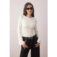 WOVCOR Women's Fitted Boat Neck Long Sleeve Soft Stretch Knit Blouse in Ecru | Size: Large