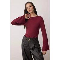 WOVCOR Women's Fitted Boat Neck Long Sleeve Soft Stretch Knit Blouse in Burgundy | Size: XS