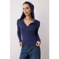 WOVCOR Women's Ribbed Button Front Hooded Stretch Knit Blouse in Navy | Size: Small