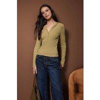 WOVCOR Women's Ribbed Button Front Hooded Stretch Knit Blouse in Khaki | Size: Small