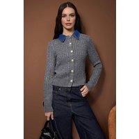 WOVCOR Women's Cable Knit Button Front Cardigan with Denim Collar Detail in Dark Grey | Size: Medium