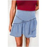 Everyday The Label Women's Beau Blue Asymmetric Ruffle Overlay Denim Mini Skirt in Pale Blue | Size: XL