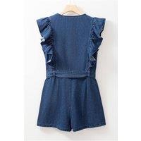 Everyday The Label Women's Sail Blue Denim Ruffled Zipped Front Belted Romper in Mid Blue | Size: XL