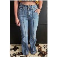 Everyday The Label Women's Dusk Blue 2 Button High Waist Piping Trim Bootcut Jeans in Mid Blue | Size: 8